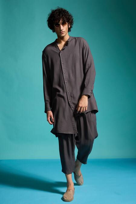 Dash And Dot_Grey 100% Organic Viscose Solid Uneven Hem Long Shirt _Online_at_Aza_Fashions