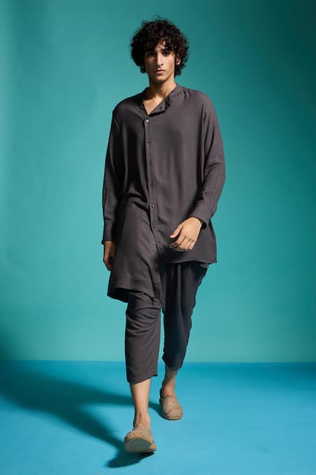 Buy_Dash And Dot_Grey 100% Organic Viscose Solid Uneven Hem Long Shirt _Online_at_Aza_Fashions