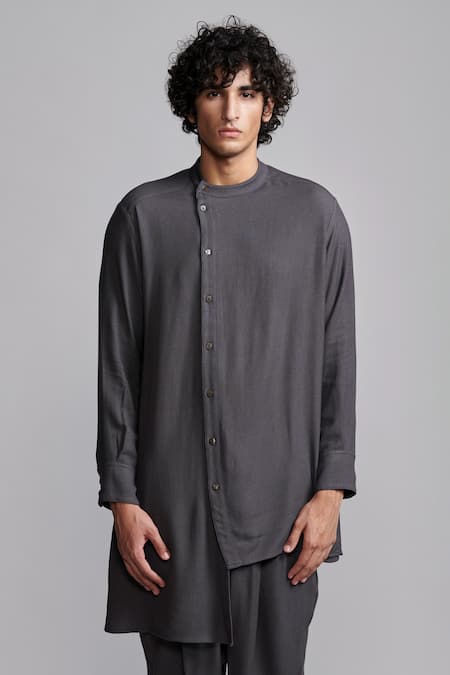 Dash And Dot_Grey 100% Organic Viscose Solid Uneven Hem Long Shirt _at_Aza_Fashions