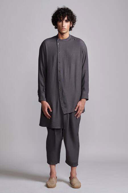 Dash And Dot Grey Viscose Uneven Hem Long Shirt And Cropped Pant Co-ord Set at Aza Fashions Dash And Dot_Grey Viscose Uneven Hem Long Shirt And Cropped Pant Co-ord Set _at_Aza_Fashions