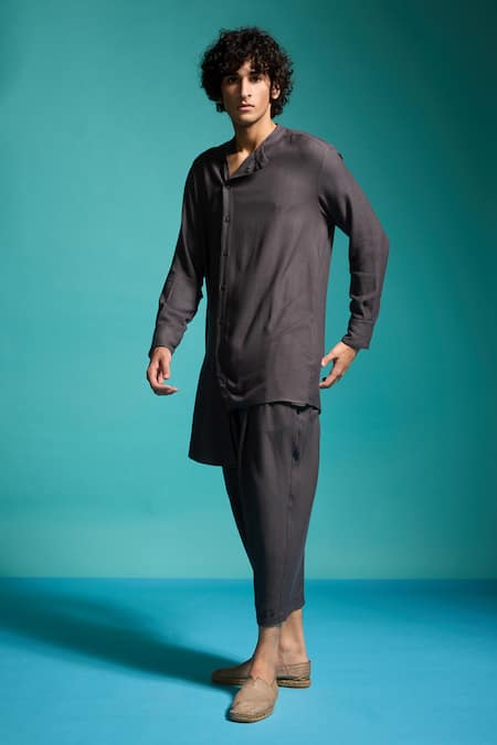 Dash And Dot_Grey Viscose Textured Cropped Pant _Online_at_Aza_Fashions