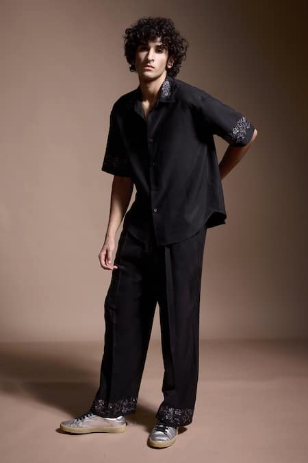 Dash And Dot_Black Metallic Floral Embroidered Shirt And Pant Set _Online_at_Aza_Fashions