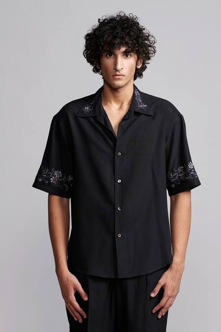 Buy_Dash And Dot_Black Metallic Floral Embroidered Shirt And Pant Set _Online_at_Aza_Fashions