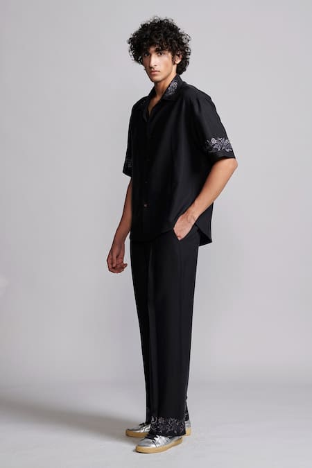 Shop_Dash And Dot_Black Metallic Floral Embroidered Shirt And Pant Set _Online_at_Aza_Fashions