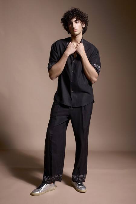 Shop_Dash And Dot_Black Metallic Floral Embroidered Shirt And Pant Set 
