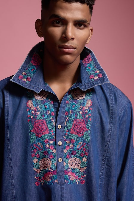 Dash And Dot Blue Tencel Embroidery Denim Popover Shirt Online at Aza Fashions Dash And Dot_Blue Tencel Embroidery Denim Popover Shirt _Online_at_Aza_Fashions