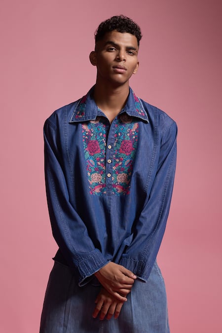 Buy Dash And Dot Blue Tencel Embroidery Denim Popover Shirt Online at Aza Fashions Buy_Dash And Dot_Blue Tencel Embroidery Denim Popover Shirt _Online_at_Aza_Fashions