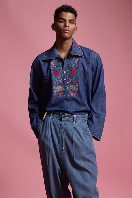 Dash And Dot Blue Tencel Embroidery Denim Popover Shirt at Aza Fashions Dash And Dot_Blue Tencel Embroidery Denim Popover Shirt _at_Aza_Fashions