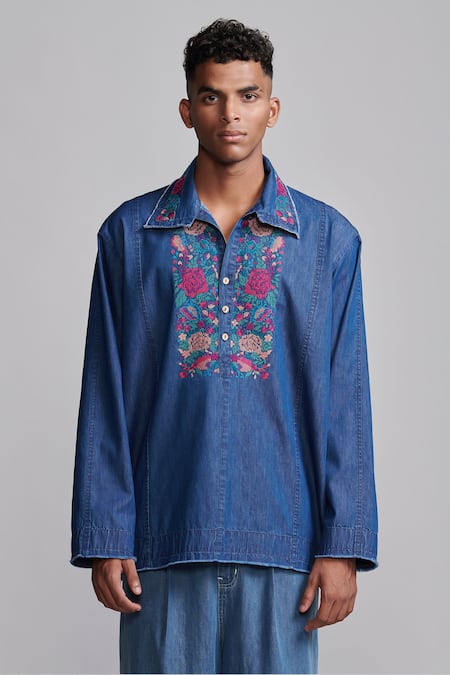 Shop Dash And Dot Blue Tencel Embroidery Denim Popover Shirt Shop_Dash And Dot_Blue Tencel Embroidery Denim Popover Shirt