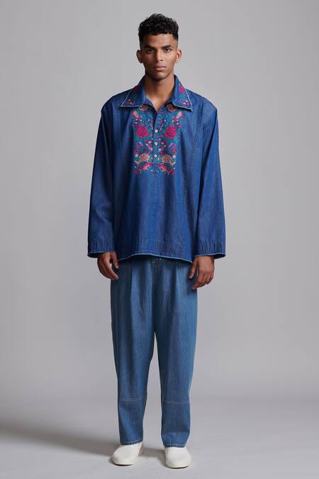 Buy Dash And Dot Blue Tencel Embroidery Washed Denim Pant Online at Aza Fashions Buy_Dash And Dot_Blue Tencel Embroidery Washed Denim Pant _Online_at_Aza_Fashions