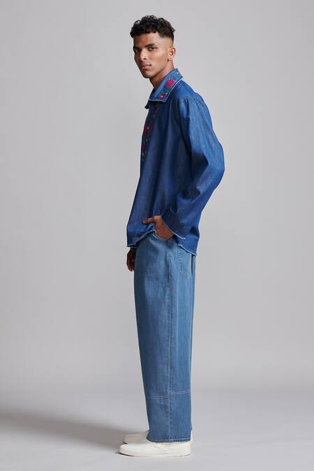 Shop Dash And Dot Blue Tencel Embroidery Washed Denim Pant Online at Aza Fashions Shop_Dash And Dot_Blue Tencel Embroidery Washed Denim Pant _Online_at_Aza_Fashions