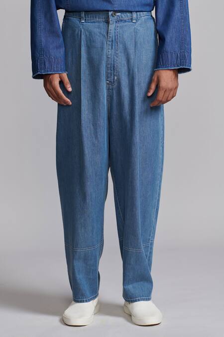 Dash And Dot Blue Tencel Embroidery Washed Denim Pant at Aza Fashions Dash And Dot_Blue Tencel Embroidery Washed Denim Pant _at_Aza_Fashions