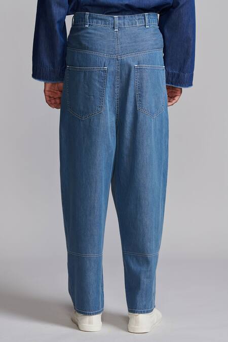 Shop Dash And Dot Blue Tencel Embroidery Washed Denim Pant Shop_Dash And Dot_Blue Tencel Embroidery Washed Denim Pant