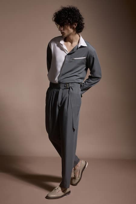 Dash And Dot_Grey Polyester Color Blocked Shirt_Online_at_Aza_Fashions