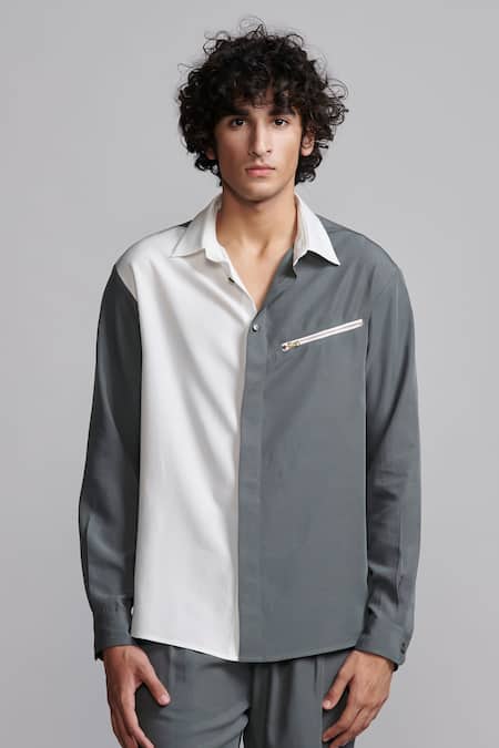 Shop_Dash And Dot_Grey Polyester Color Blocked Shirt_Online_at_Aza_Fashions
