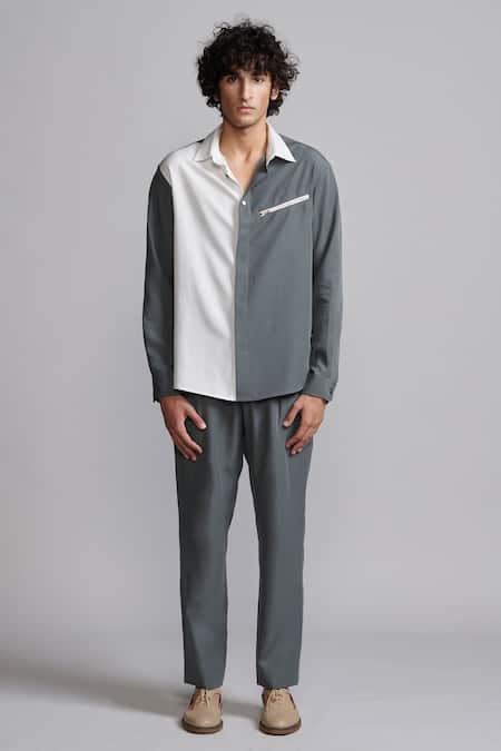 Dash And Dot_Grey Polyester Color Blocked Shirt_at_Aza_Fashions