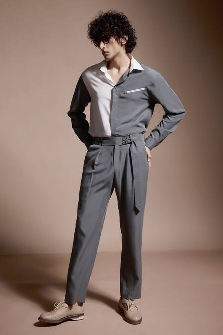 Dash And Dot_Grey Polyester Zari Color Block Shirt And Pant Set _Online_at_Aza_Fashions