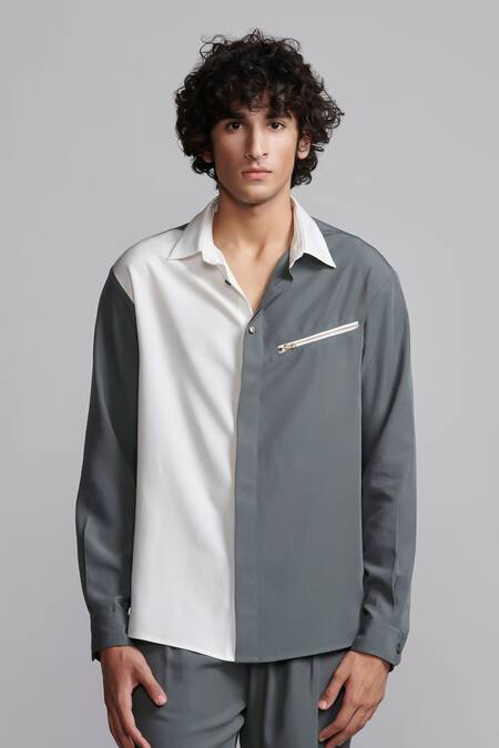 Buy_Dash And Dot_Grey Polyester Zari Color Block Shirt And Pant Set _Online_at_Aza_Fashions