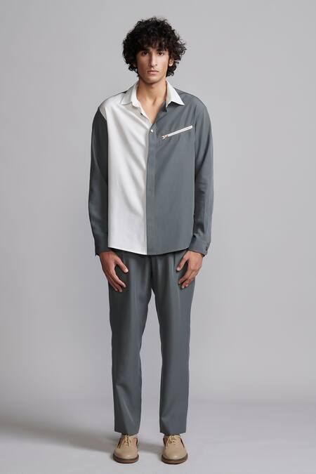 Shop_Dash And Dot_Grey Polyester Zari Color Block Shirt And Pant Set _Online_at_Aza_Fashions