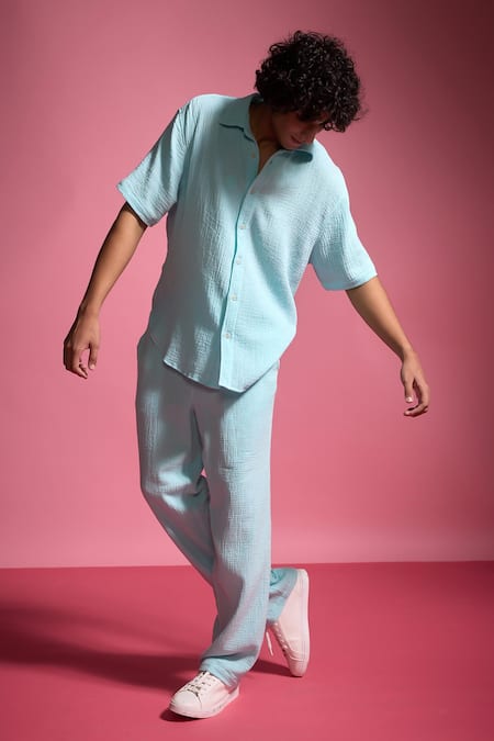 Dash and Dot Ice Blue Crinkled Cotton Shirt & Pant Set 