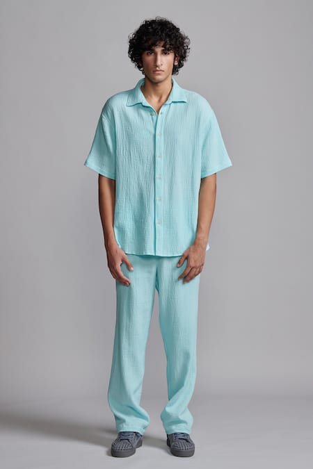 Dash And Dot Ice Blue Crinkled Cotton Shirt & Pant Set 