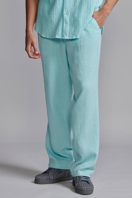 Dash And Dot_Blue Ice Crinkled Cotton Shirt And Pant Set _Online_at_Aza_Fashions