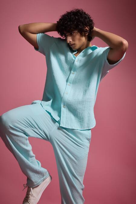 Buy_Dash And Dot_Blue Ice Crinkled Cotton Shirt And Pant Set _Online_at_Aza_Fashions