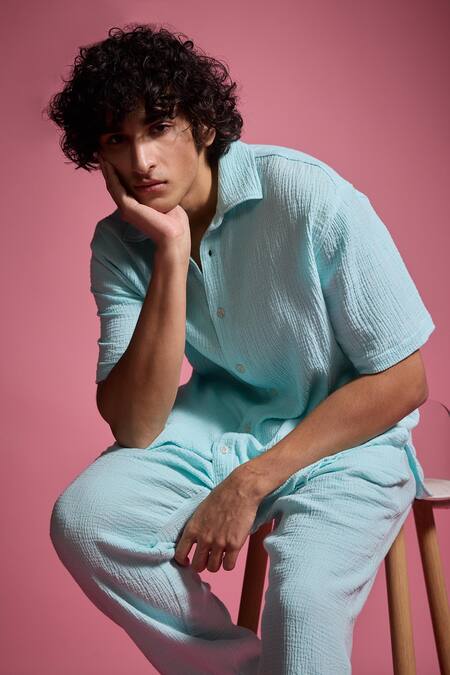 Shop_Dash And Dot_Blue Ice Crinkled Cotton Shirt And Pant Set _Online_at_Aza_Fashions