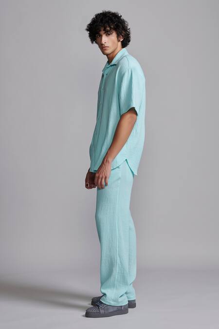 Dash And Dot_Blue Ice Crinkled Cotton Shirt And Pant Set _at_Aza_Fashions