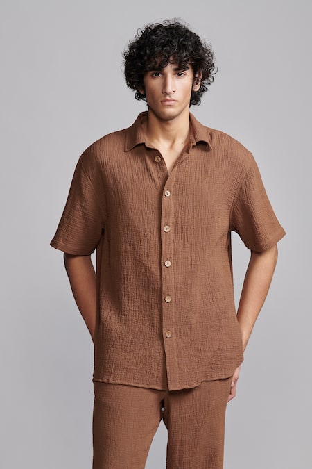 Dash And Dot_Brown Textured Crinkled Cotton Shirt And Pant Set _Online_at_Aza_Fashions