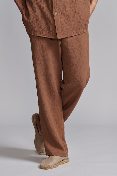 Shop_Dash And Dot_Brown Textured Crinkled Cotton Shirt And Pant Set _Online_at_Aza_Fashions
