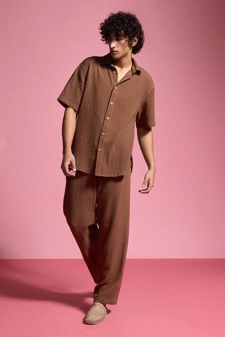Dash And Dot_Brown Textured Crinkled Cotton Shirt And Pant Set _at_Aza_Fashions