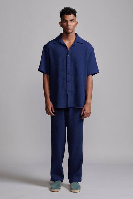 Shop_Dash And Dot_Blue Cotton Crinkled Textured Shirt And Pant Co-ord Set _Online_at_Aza_Fashions