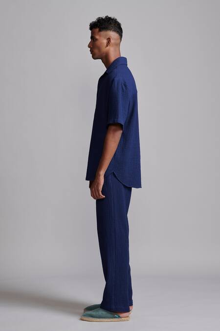 Dash And Dot_Blue Cotton Crinkled Textured Shirt And Pant Co-ord Set _at_Aza_Fashions