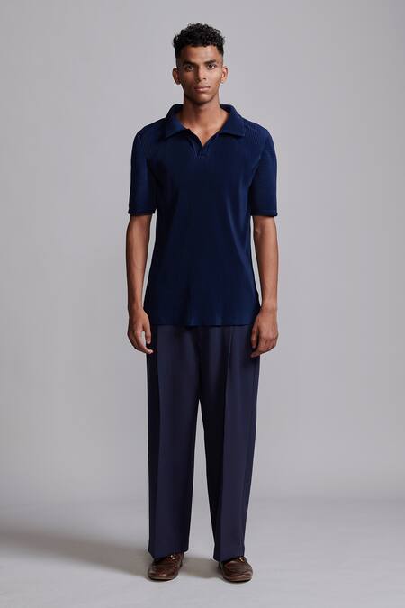 Dash And Dot_Blue Polyester Pleated Popover Polo T-shirt _Online_at_Aza_Fashions