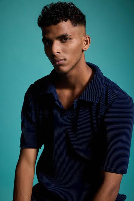 Shop_Dash And Dot_Blue Polyester Pleated Popover Polo T-shirt _Online_at_Aza_Fashions