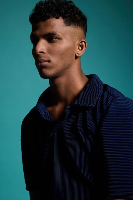 Dash And Dot_Blue Polyester Pleated Popover Polo T-shirt _at_Aza_Fashions