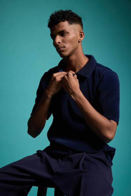 Buy_Dash And Dot_Blue Polyester Pleated Popover Polo T-shirt 