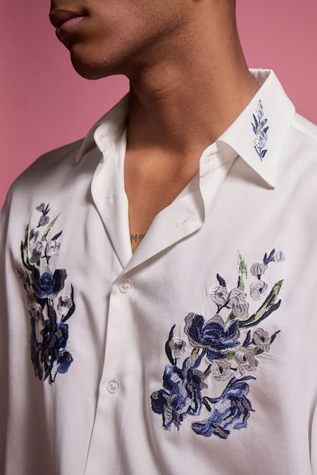 Dash And Dot_White Tencel Embroidery Placement Shirt_Online_at_Aza_Fashions