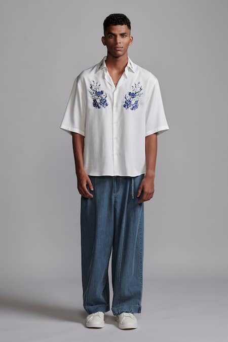 Buy_Dash And Dot_White Tencel Embroidery Placement Shirt_Online_at_Aza_Fashions