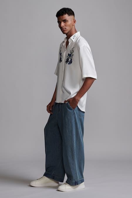 Shop_Dash And Dot_White Tencel Embroidery Placement Shirt_Online_at_Aza_Fashions