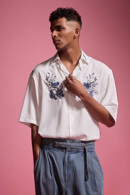 Dash And Dot_White Tencel Embroidery Placement Shirt_at_Aza_Fashions
