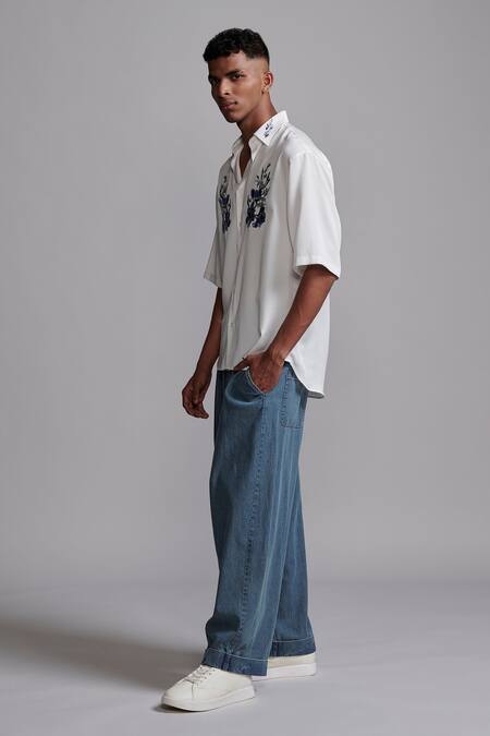 Shop_Dash And Dot_Blue Cotton Embroidery Washed Denim Pant_Online_at_Aza_Fashions