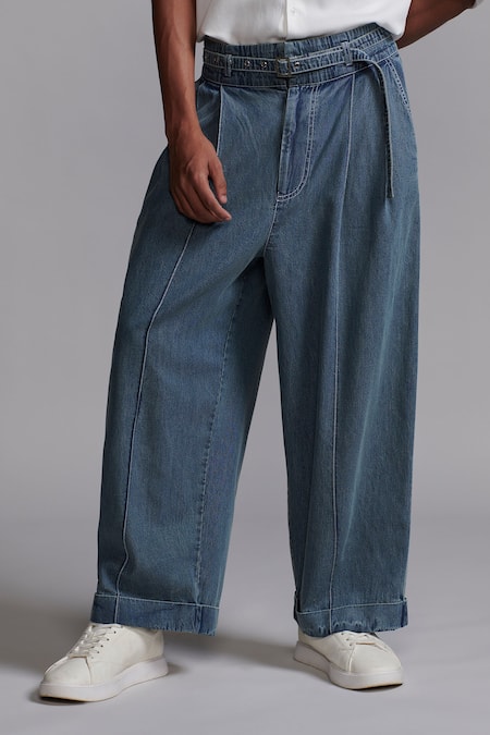 Dash And Dot_Blue Cotton Embroidery Washed Denim Pant_at_Aza_Fashions