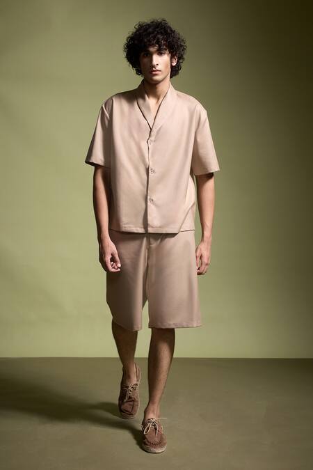 Shop_Dash And Dot_Beige Lycra, Polyester, Viscose Shawl Collar Shirt _Online_at_Aza_Fashions