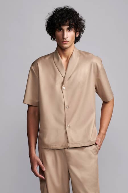 Dash And Dot_Beige Lycra, Polyester, Viscose Shawl Collar Shirt _at_Aza_Fashions