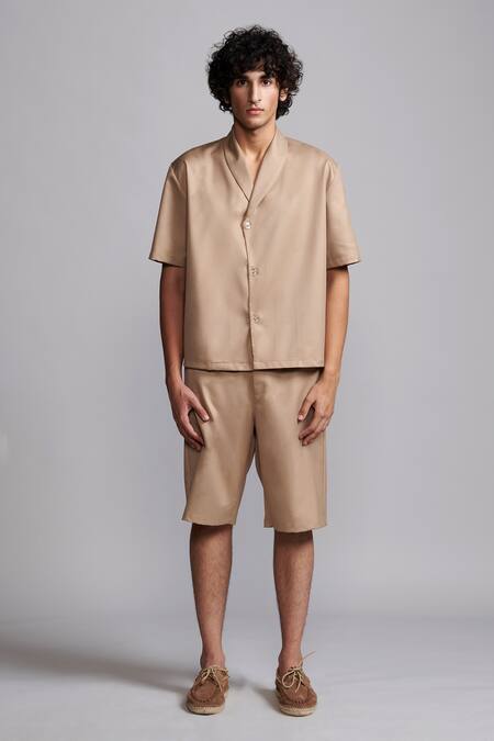 Dash And Dot Beige Shawl Collar Shirt And Shorts Set Online at Aza Fashions Dash And Dot_Beige Shawl Collar Shirt And Shorts Set _Online_at_Aza_Fashions