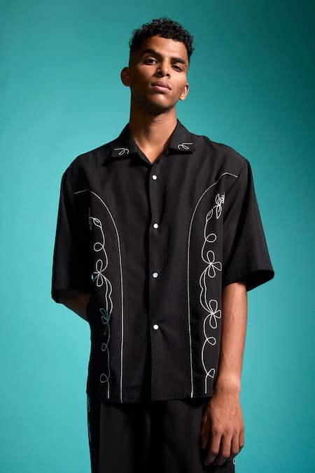 Dash And Dot_Black Tencel Embroidery Saloon Shirt_Online_at_Aza_Fashions
