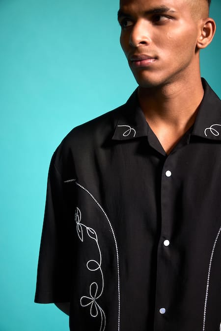 Buy_Dash And Dot_Black Tencel Embroidery Saloon Shirt_Online_at_Aza_Fashions