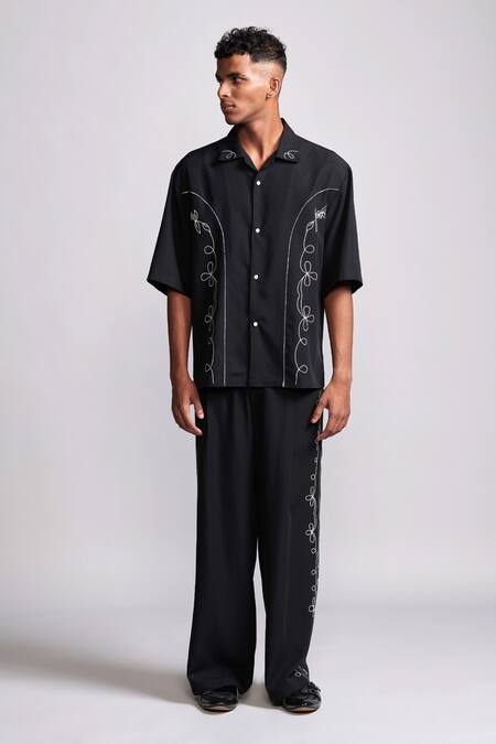 Shop_Dash And Dot_Black Tencel Embroidery Saloon Shirt_Online_at_Aza_Fashions